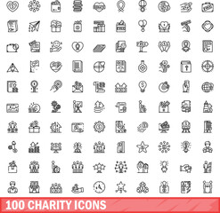 100 charity icons set. Outline illustration of 100 charity icons vector set isolated on white background