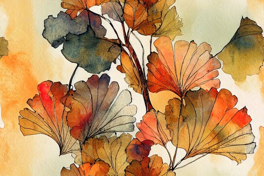Abstract watercolor seamless pattern in autumn colors. Drawing of ginkgo leaves, ink doodle, grunge, water color paper textures. Floral background for fall design. Hand painted illustration. High