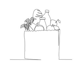 Continuous line art drawing of Grocery food basket, fruits and bread in the papper bag. Grocery food basket single line art drawing vector illustration.