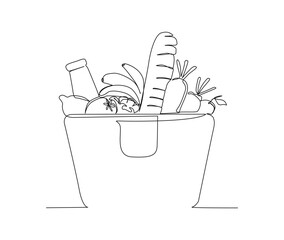 Continuous line art drawing of Grocery food basket, fruits and bread in the papper bag. Grocery food basket single line art drawing vector illustration.