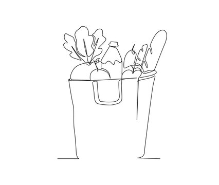 recommend clip art: Continuous line art drawing of Grocery food basket, fruits and bread in the papper bag. Grocery food basket single line art drawing vector illustration.