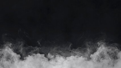 Abstract fog. White cloudiness, mist, or smog moves on black background. Beautiful swirling gray...