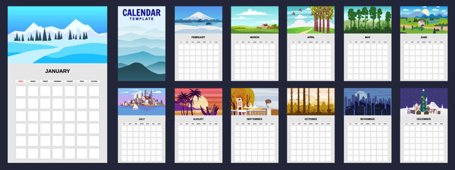 Template Calendar landscape natural backgrounds of four seasons