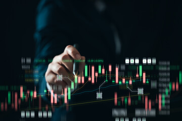 business finance technology, investment concept. Stock Market Investments Funds and Digital Assets. trader analyzing forex trading graph financial data, candlestick chart indicator buy and sell.