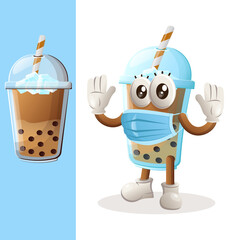Cute Bubble Tea mascot wearing medical mask, protect from covid-19