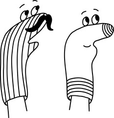 Funny sock dolls. Theatrical characters from underwear. Home puppet theatre. Socks with eyes and mouth. Vector line illustration isolated on white background.