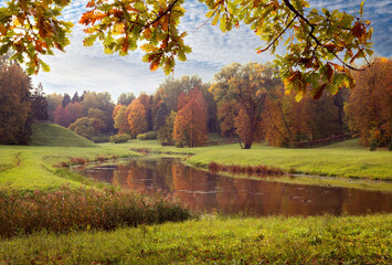 autumn park landscape, autumn leaf fall background
