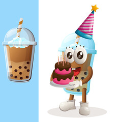 Cute Bubble Tea mascot wearing a birthday hat, holding birthday cake