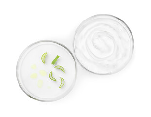 Petri dishes with aloe plants and cosmetic product isolated on white, top view