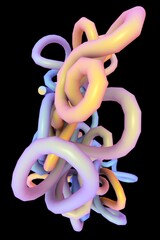 Abstract intertwined chaotically colored tubes. 3D render.
