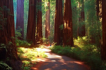 Trail through redwoods in Muir Woods National Monument near San Francisco, California, USA. High quality illustration - obrazy, fototapety, plakaty