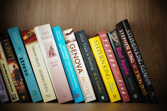 Closeup Of Row Of Books Including Stephen King On A Wooden Shelf.