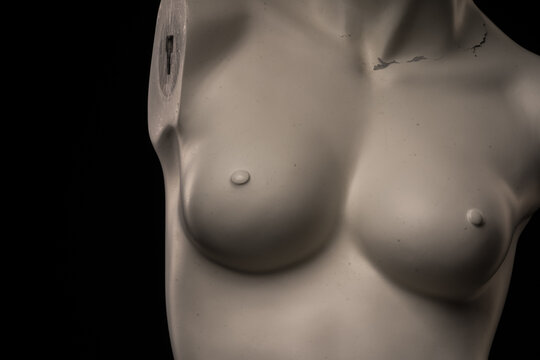 female mannequin torso isolated against dark studio background.