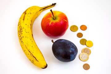 Banana, plum, apple and euro coins on a white background