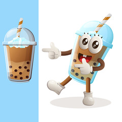 Cute Bubble Tea mascot playful with pointed hand