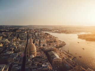 Aerial view of the sunrise over the capital city of Malta, Valletta