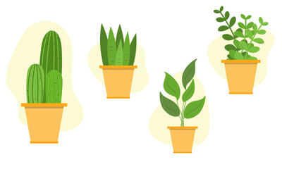 Cartoon potted green plants flowers collection on white background. Set of interior house plants. Different home indoor green decor illustration for decoration. Vector illustration. 