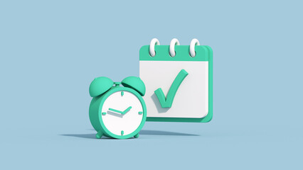 Clock and checkmark in calendar 3D render illustration