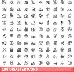 100 disaster icons set. Outline illustration of 100 disaster icons vector set isolated on white background