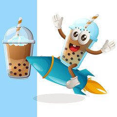 Cute Bubble Tea mascot flying on rocket