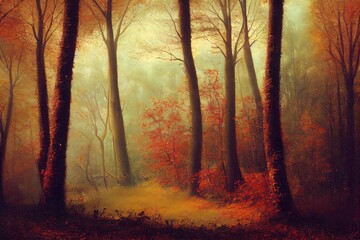 Forest mist in autumn woods. Forest trees in nature mist. High quality illustration
