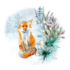 Christmas composition with fox watercolor illustration isolated on white.