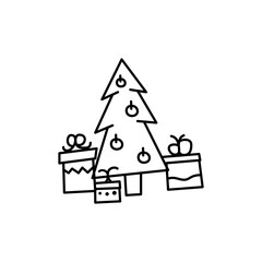 Christmas line icon from the Christmas camping series. Happy Holidays symbol and elements. Stock winter vector. Tree with gift boxes and toys