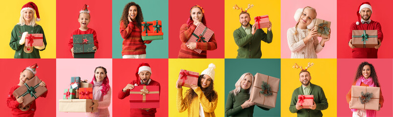 Collage with happy people holding Christmas gifts on color background