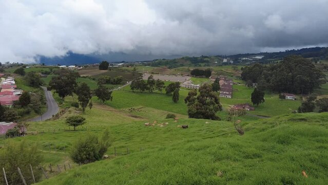 Drone footage of Potrero Cerrado viewpoint with a view of Sanatorio Duranin in Cartago, Costa Rica