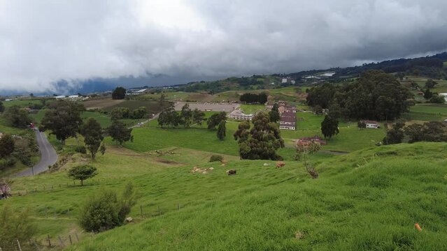 Drone footage of Potrero Cerrado viewpoint with a view of Sanatorio Duranin in Cartago, Costa Rica