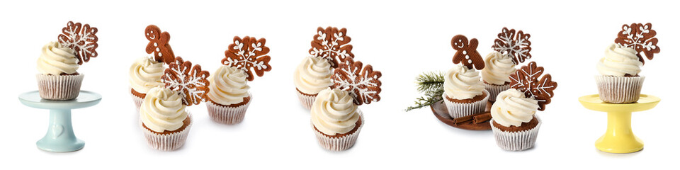 Set of tasty Christmas cupcakes with gingerbread cookies on white background