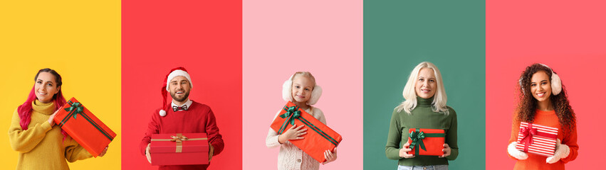 Happy people with Christmas gifts on color background