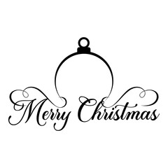 Logo con texto manuscrito Merry Christmas con silueta de bola de navidad lineal con filigrana caligráfica. Líneas con florituras