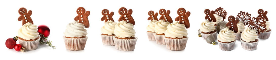 Set of tasty Christmas cupcakes with gingerbread cookies on white background