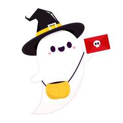 Happy halloween party greeting card with cute ghost. Trick or treat. Halloween envelope vector. Paper envelope in Halloween day.