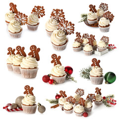 Set of tasty Christmas cupcakes with gingerbread cookies on white background