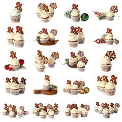 Set of tasty Christmas cupcakes with gingerbread cookies on white background