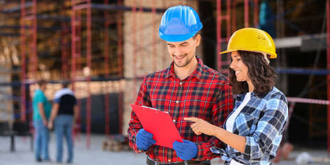 Architects discussing project of building at construction site