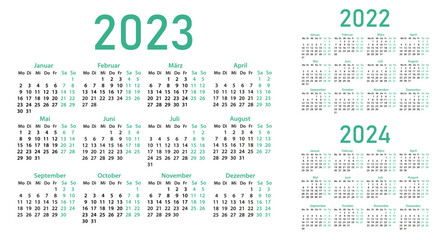 Calendars in German for 2022, 2023, 2024 on a white background. Calendar grids, pocket calendar. Vector illustration. The week starts on Monday. Vector illustration.