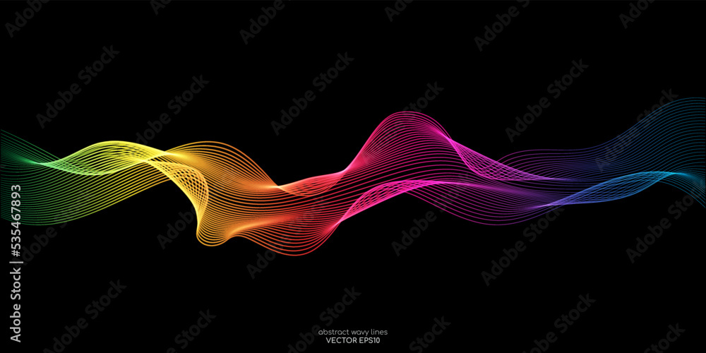 Poster Vector wave lines flowing dynamic in colorful isolated on black background for concept of AI technology, digital, communication, science, music