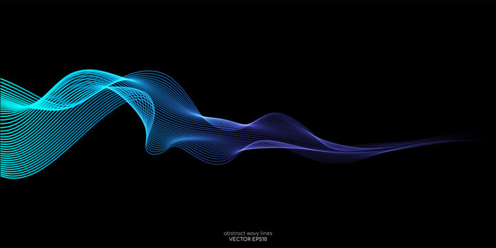 Vector wave lines smooth flowing dynamic blue green gradient light isolated on black background for concept of technology, digital, communication, science, music