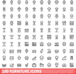 100 furniture icons set. Outline illustration of 100 furniture icons vector set isolated on white background