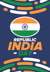 Republic Day in India. National happy holiday, celebrated annual in January 26. Indian flag. Patriotic indian elements. Festive deign. Poster, card, banner and background. Vector illustration