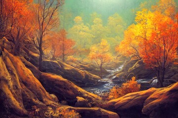Fototapeta na wymiar Forest cave scene in the mountains in autumn. High quality illustration