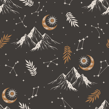 Fototapeta Seamless pattern with mountains in scandinavian style. Decorative background with landscape. Hand drawn ornaments.