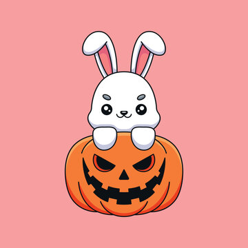 cute pumpkin rabbit halloween cartoon mascot doodle art hand drawn concept vector kawaii icon illustration