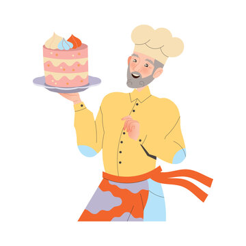 Man Pensioner Character In Toque Holding Creamy Cake On Tray Engaged In Cooking Hobby Activity On Retirement Vector Illustration