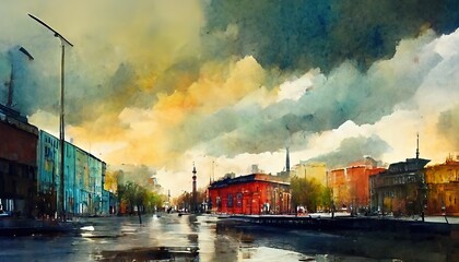 Watercolor drawing urban landscape big city, watercolor painting. 3D render. Raster illustration.