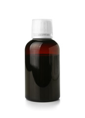 Cough syrup in dark bottle on white background