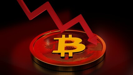 Bitcoin value rising down ( BTC )Bitcoin falling price. price fall drop Concept . 3D rendering